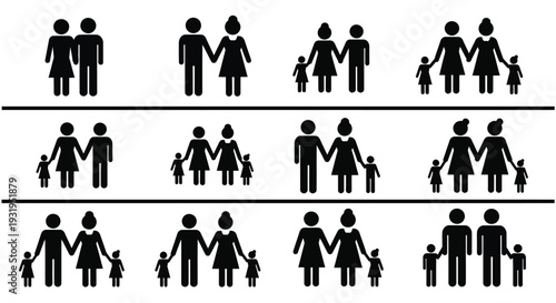 A vector graphic illustration depicting diverse family structures including couples and children, representing modern relationship dynamics and households.