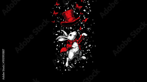 A white rabbit in a red coat and hat jumps against a black backdrop surrounded by butterflies