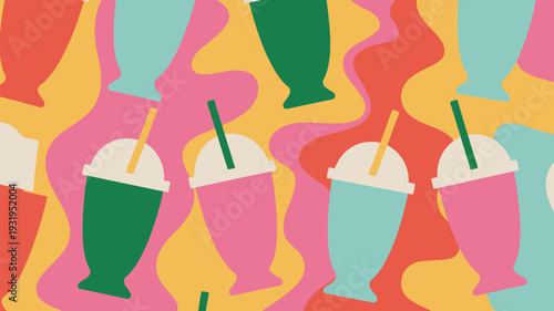 Vibrant colorful drink cups with straws on wavy background