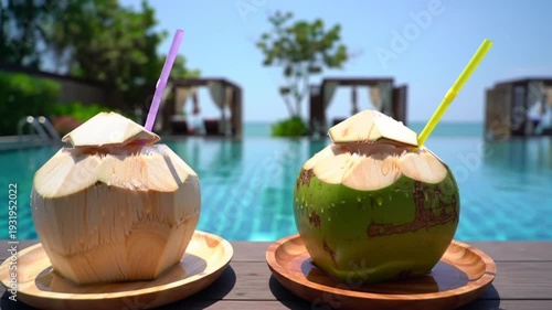 Refreshing coconuts with straws sit by a swimming pool with ocean view.