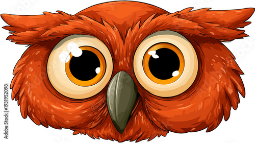 A frontal illustration of an owl's face with large, round eyes and fluffy, orange feathers