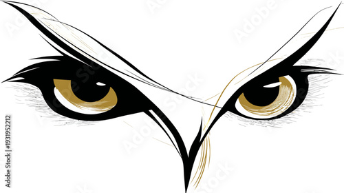 Stylized symmetrical image focusing on an animal's piercing golden eyes and detailed black outline