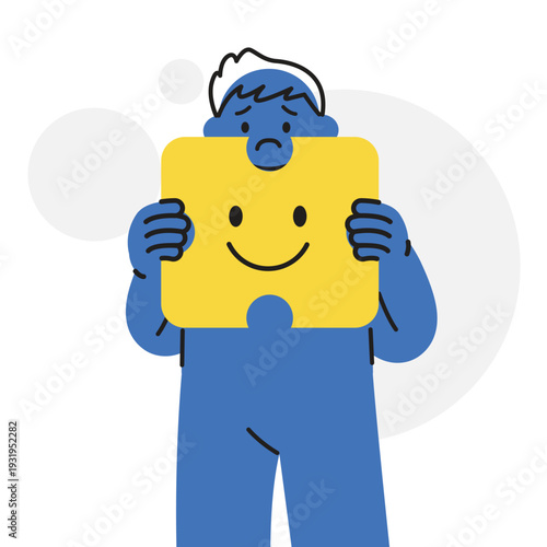 Man Character Holding Smiley Face Puzzle Piece Masking Sadness and Social Mask Concept. Character Vector illustration design.