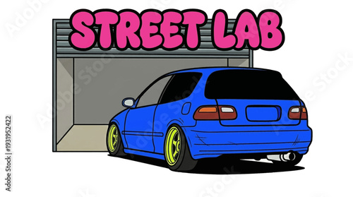 Blue cartoon car in a garage with Street Lab text.