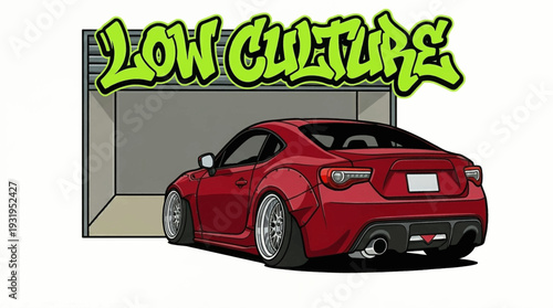 Red sports car with graffiti Low Culture text in a garage.