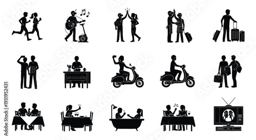 Collection of diverse vector graphic illustrations depicting people engaged in various daily lifestyle activities and interactions.