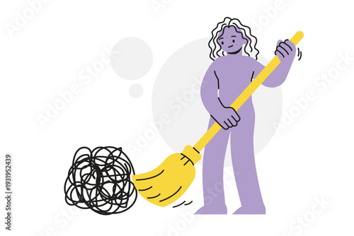 Woman Character Sweeping Tangled Lines Representing Mind Decluttering and Mental Clarity Concept. Character Vector illustration design.