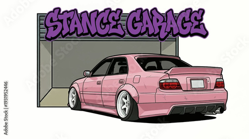 Pink Tuned Car in Garage Vector Illustration.