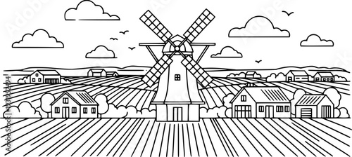 Stylized line of a Dutch windmill in a rural landscape with fields and houses