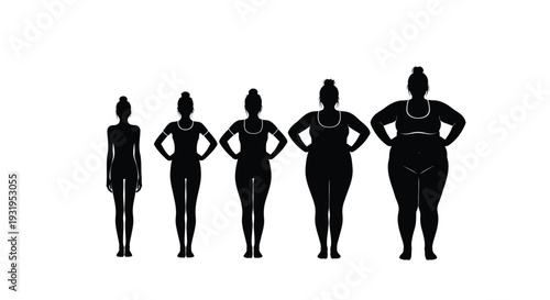 Vector illustration displaying diverse female body shapes from thin to plus size, representing various figures