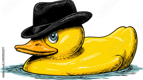 A yellow, cartoon duck wearing a black fedora hat, floating in water