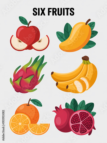 Red apple yellow mango green dragon fruit yellow bananas orange and red pomegranate image