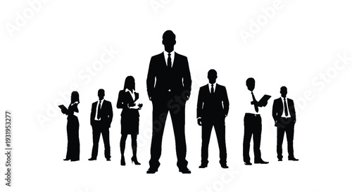 Professional business team silhouettes with a dominant leader standing confidently in a vector graphic illustration.