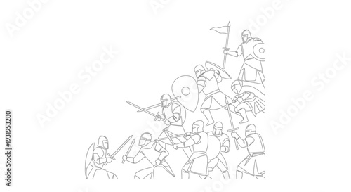 A black and white illustration depicting a medieval army or battle scene
