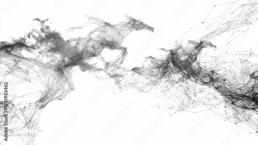 Obraz premium Abstract Wireframe Horses Galloping in Digital Network Stream