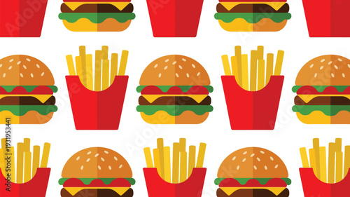 Colorful fast food icons including burgers and fries on white background