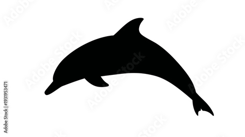 A black silhouette of a dolphin leaping out of the water against a clean white background
