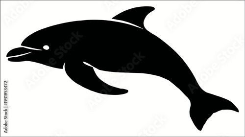A streamlined silhouette of a dolphin leaping from the water, depicted in bold black