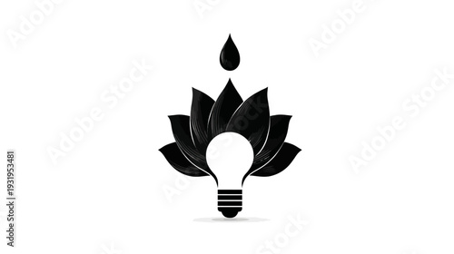 A stylized black and white illustration of a lotus flower enclosing a lightbulb, with a droplet above
