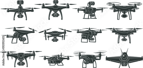 Twelve drone silhouettes with diverse designs, rotor configurations, and camera placements, isolated 