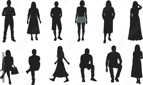Twelve human silhouettes in varied poses, standing, walking, and seated figures, diverse clothing styles including dresses and handbags, isolated black outlines for fashion and design use