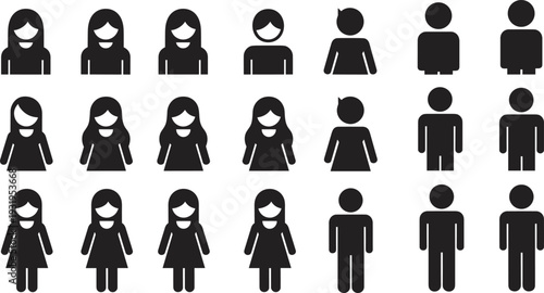 Twenty human silhouettes arranged in grid, diverse male and female figures with varied hairstyles, clothing styles, and body shapes, isolated black outlines for demographic and design illustration