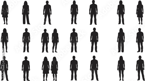 Twenty human silhouettes arranged in grid, diverse male and female figures with varied postures, clothing styles, and hairstyles, isolated black outlines for demographic and design illustration