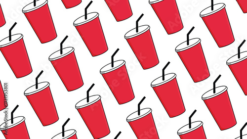 Red plastic cups with straws on white background pattern