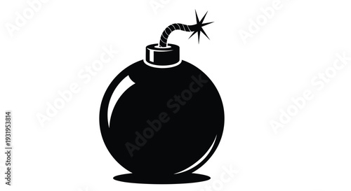 A stark black silhouette of a cartoon bomb with a lit fuse on white