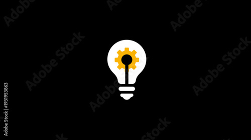 A white lightbulb containing a yellow gear on a black background