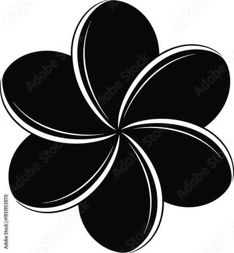 Black and white minimalist plumeria flower silhouette icon with five petals frangipani floral symbol isolated on white background for tropical summer garden design vector