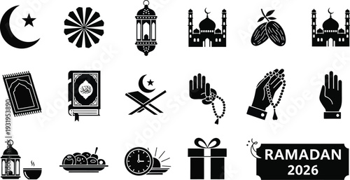 Ramadan icons set with mosque, dates, and prayer elements