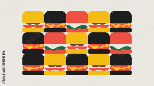 Colorful burger pattern with various toppings in modern graphic design