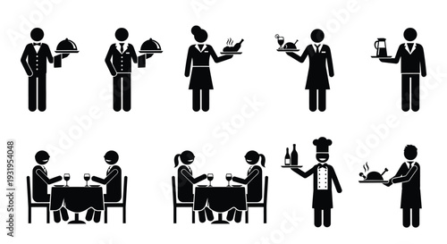 Collection of black silhouette vector icons depicting various restaurant service staff and dining patrons clearly working.
