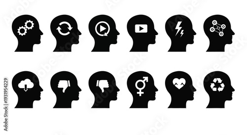 This vector illustration features diverse human head silhouettes showcasing a wide range of modern concepts and symbolic ideas.