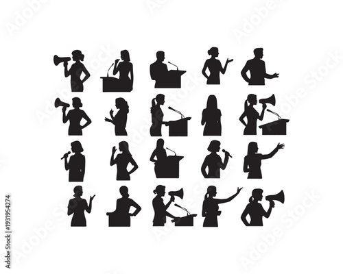 Collection of Black Silhouettes of Women and Men Speaking at Podiums and Holding Megaphones debate