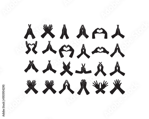 Hand Gesture Silhouette Icons Set – Love, Prayer, and Symbolic Hand Signs Collection