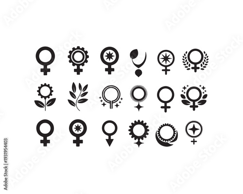 Collection of female gender symbols and feminist with decorative on a white background