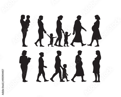 Silhouettes of families and pregnant women in various stages of life and family formation on a white background