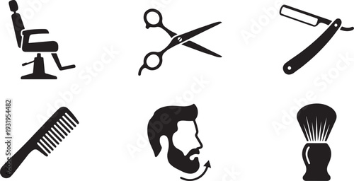 Barber shop tools and accessories flat design vector illustration set with chair, scissors, razor, comb, and shaving brush
