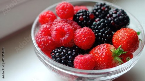A vibrant assortment of fresh raspberries, blackberries, and strawberries glistening in a clear glass bowl.
