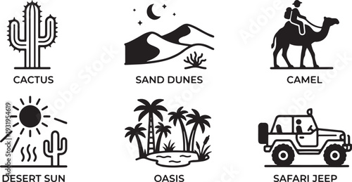 Desert safari adventure icons set with cactus, sand dunes, camel, sun, oasis, and jeep flat design vector illustration