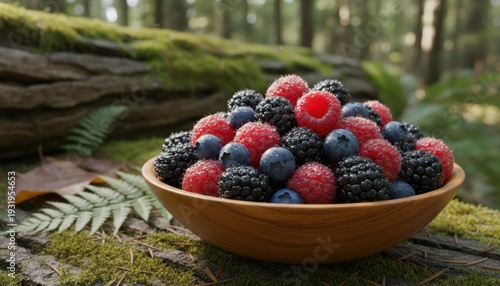 A Wooden Bowl Overflowing With Fresh Mixed Berries Including Raspberries, Blueberries, and Blackberries In A Natural Outdoor Setting