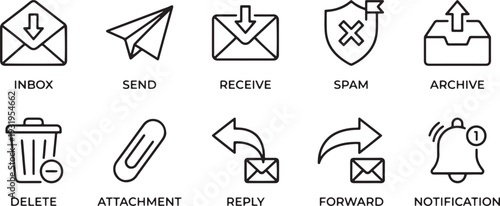 Email icon set collection with inbox, send, receive, spam, archive, delete, attachment, reply, forward, notification flat design vector illustration