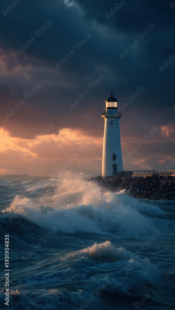 Fototapeta premium Dramatic Lighthouse Sunset with Crashing Waves and Stormy Sky