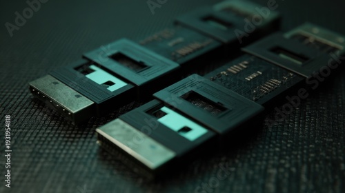 Closeup of multiple electronic circuit components with intricate details