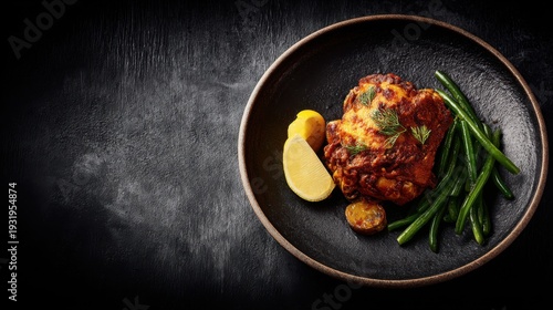Delicious baked chicken with aromatic herbs and spices, served with fresh lemon and tender vegetables on a rustic plate.