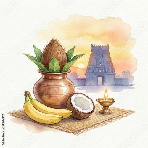 Puthandu vazthukal tamil new year watercolor background with temple and traditional decoration.