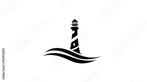 A monochrome illustration of a lighthouse, spiral stripes, on waves, with a white background