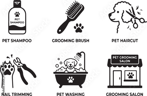 Pet grooming icon set flat design vector illustration with shampoo, brush, haircut, trimming, washing, salon